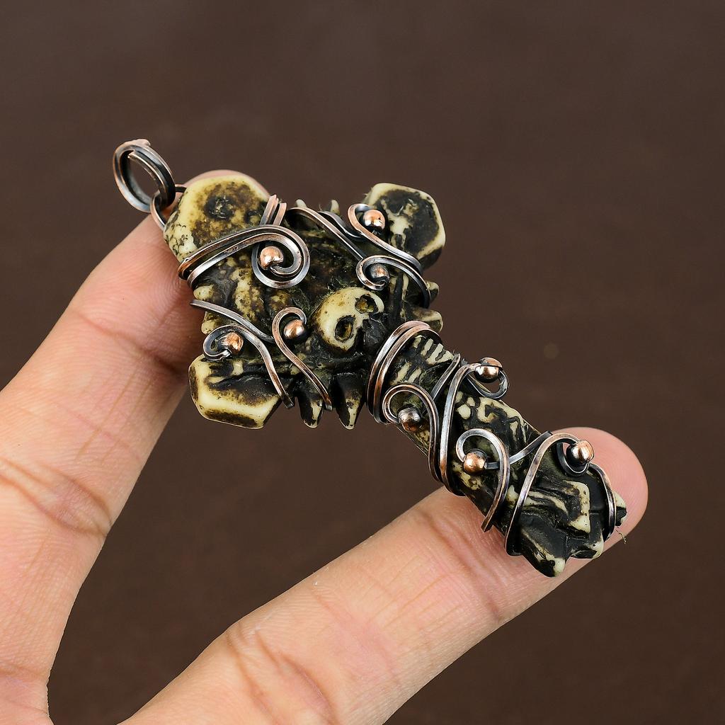 Natural Tribal Bone Cross Gemstone Handmade Copper Wire Wrap Pendant 3.15" n9M31