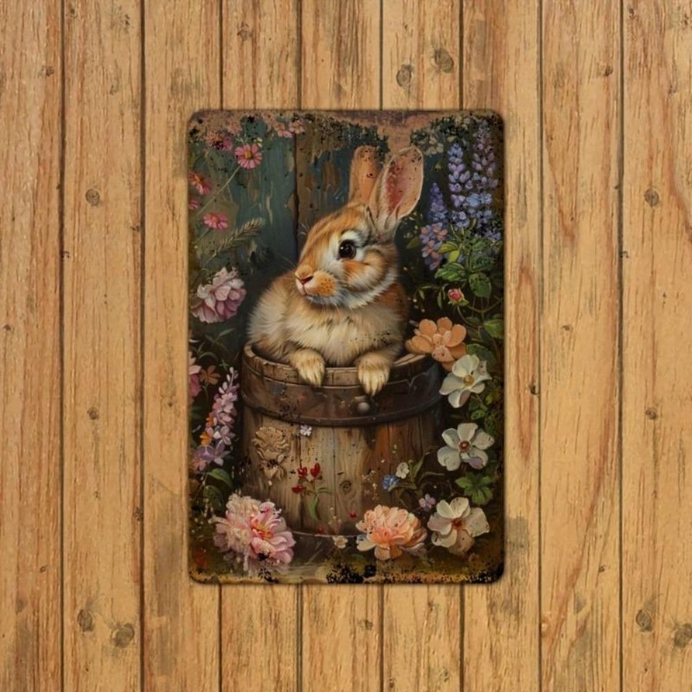 Vintage Metal Tin Sign Rabbit Flower Basket Wall Decor 8x12 Inch Home Bar Cafe