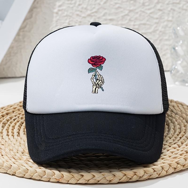 Damenhut Cartoon Skeletthand Rose Bedruckt Schwamm Baseballkappe LKW-Fahrer Webhut Sommer Kreativ