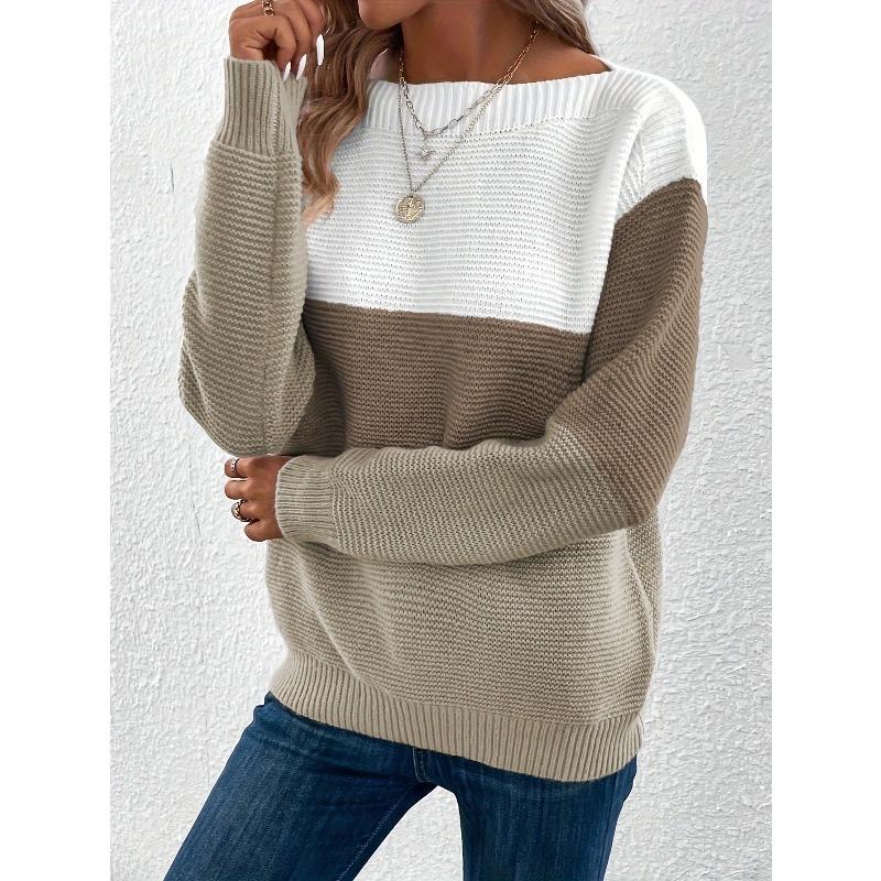 Autumn Winter Pullovers Loose Drop Shoulder Round Neck Color Matching Knitted Pullovers & Long Sleeves Ladies Sweater