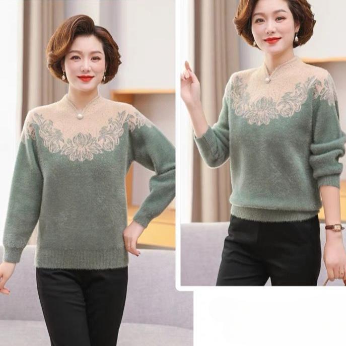 Autumn and Winter Women's Mink Fleece Sweaters Thick and Warm Plush Pullover Knitted Sweaters Stretch Print Flocked Knit Tops