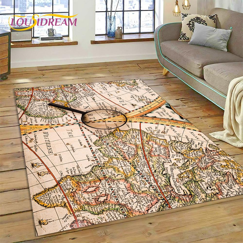 Ancient Nautical Chart World Map Compass Rug Carpet for Living Room Bedroom Decor,Floor Mat Non-slip Decoration for Sofa Doormat