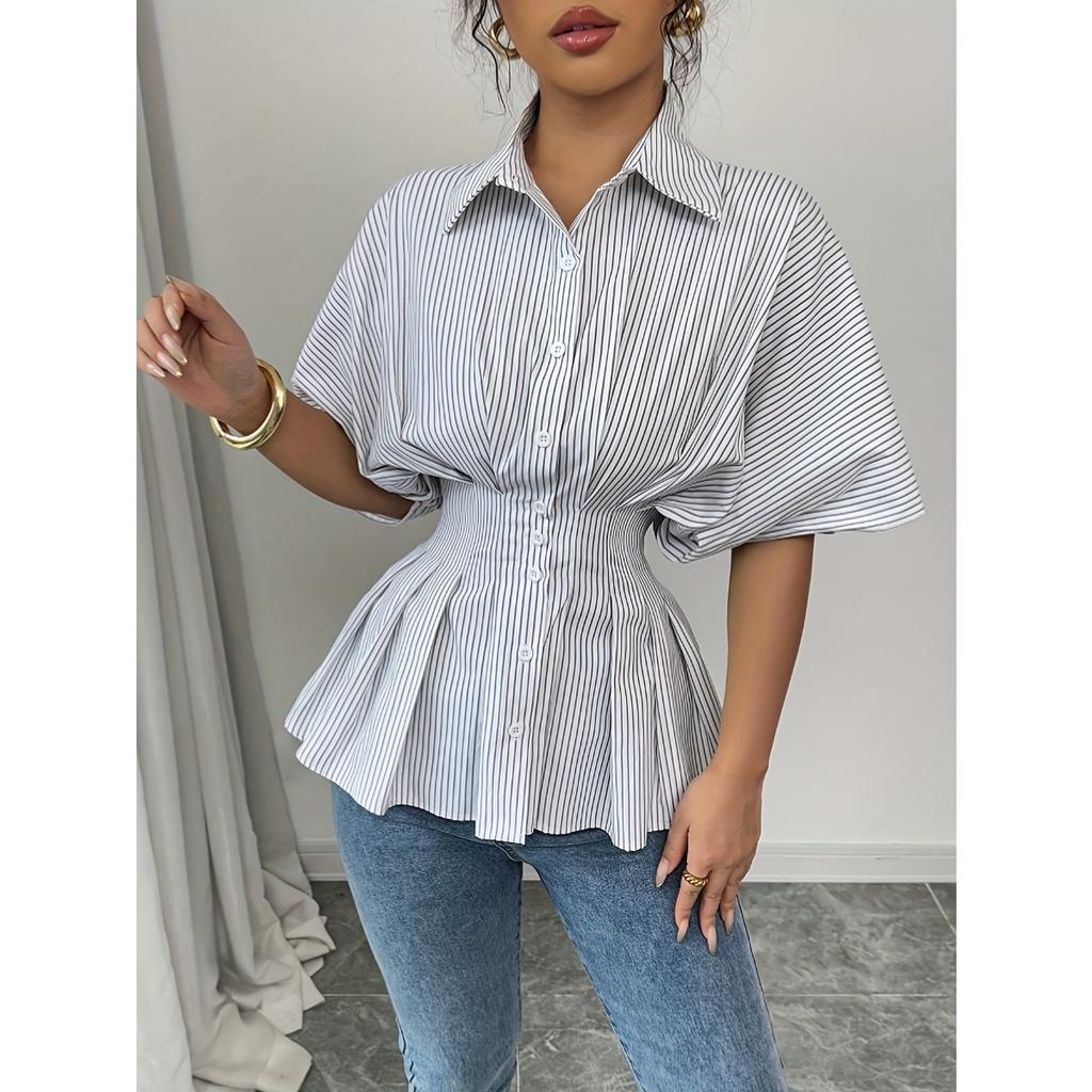 Spring Summer Women's Fashion Striped Shirt Casual Versatile Blouse Top European American Cross-Border