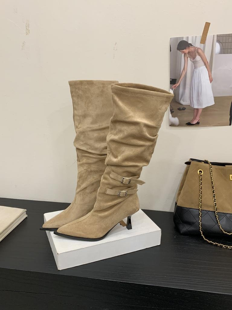 High-heeled boots women's 2025 autumn and winter new pointed-toed high-heeled European and American belt buckle high-heeled knight stacked boots