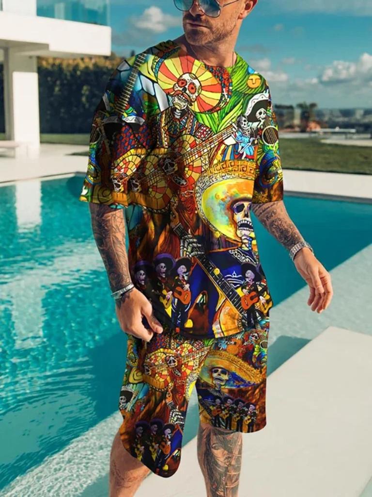 Summer 2 Piece Outfit Male 3D Color Block Print Short Sleeve T-Shirt ShortsSets Outdoor Men's Clothing Tracksuit