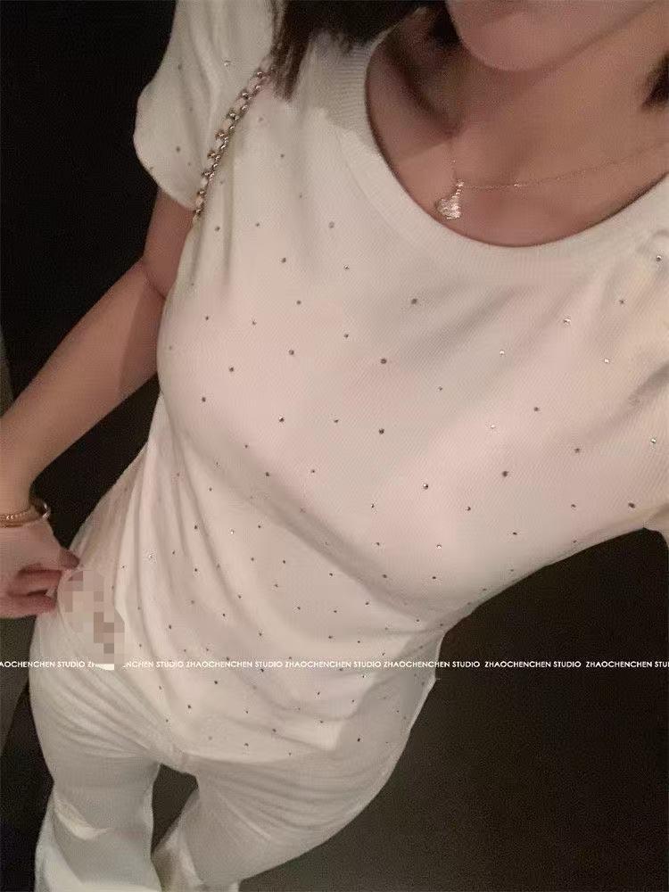 [Imitation Cotton] Hot Diamond White Front Shoulder Short Sleeve T-Shirt Women's Slim Bottom Top American