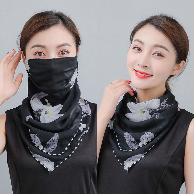 

Summer Neck Collar Scarf Sun Protection Mask Elegance Women Floral Chiffon Silk Bib Breathable Balaclava Neck Cover Mask