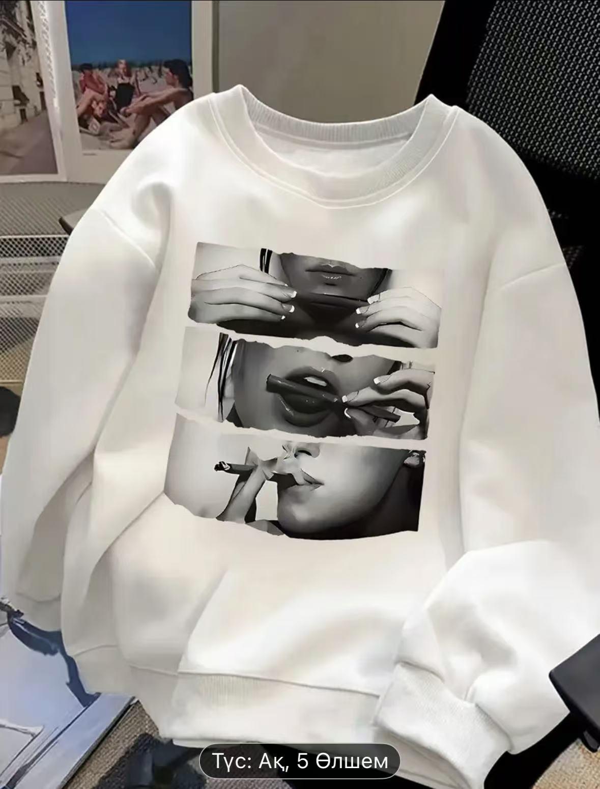 

Autumn & Winter Portrait Lip Print Round Neck Loose Fleece Sweatshirt M
