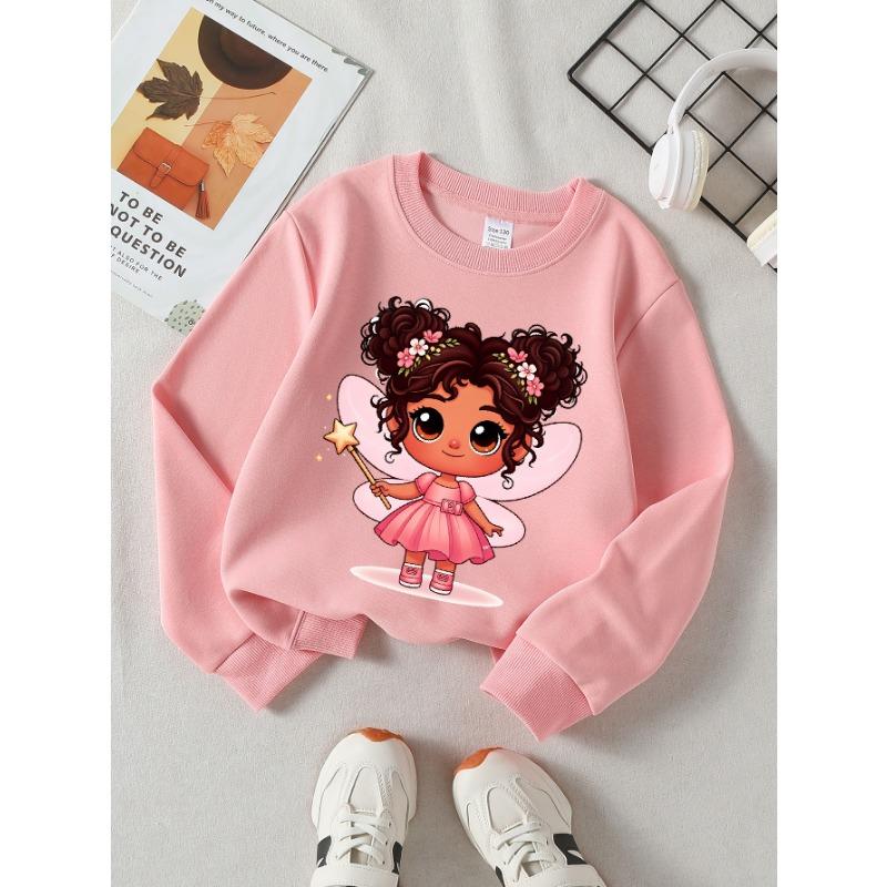 European sizes Girls Soft Crewneck Sweatshirt Cute Fairy Girl with Star Wand Print, Casual for Fall Winter, Ideal Holiday Present.