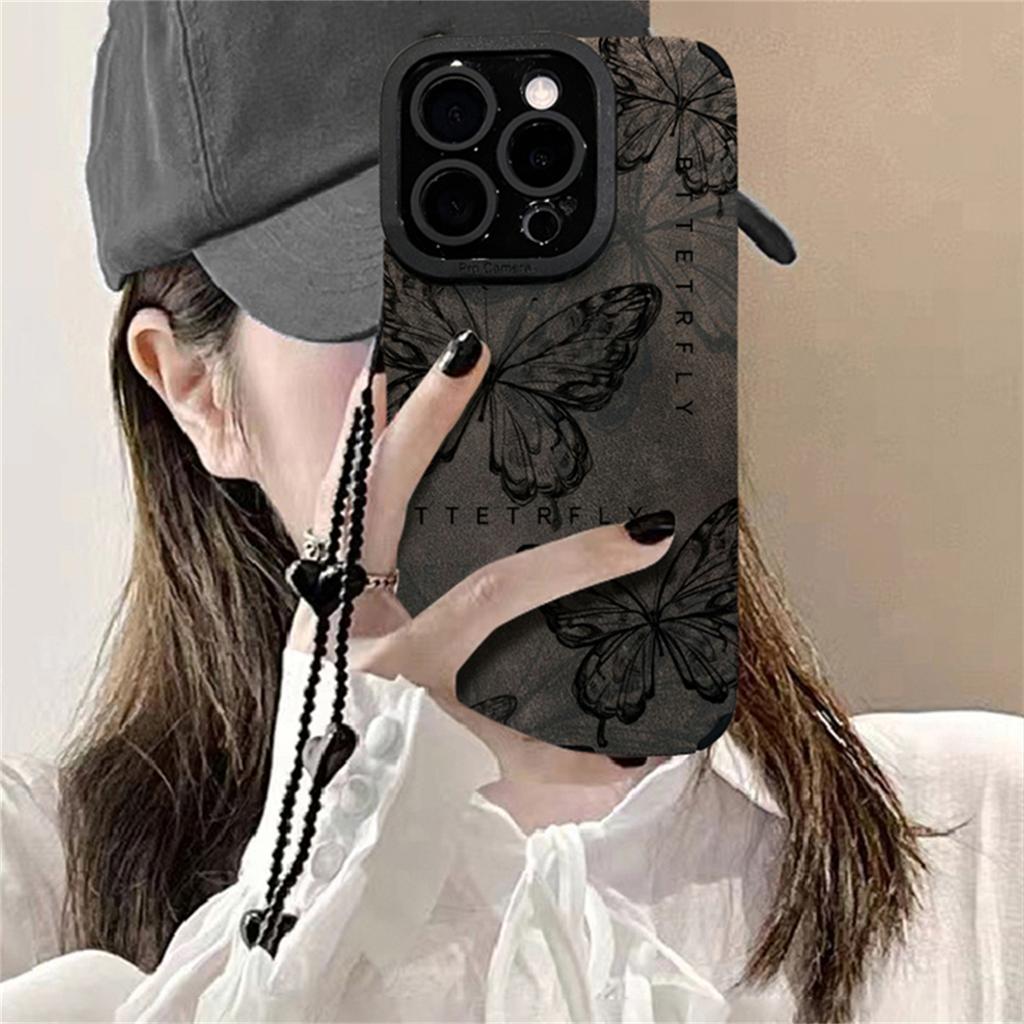 Retro Sketch Butterfly 3D Heart Lanyard Phone Case For iPhone 16 15 14 13 12 11 Pro Max Plus Shockproof Protective Back Cover