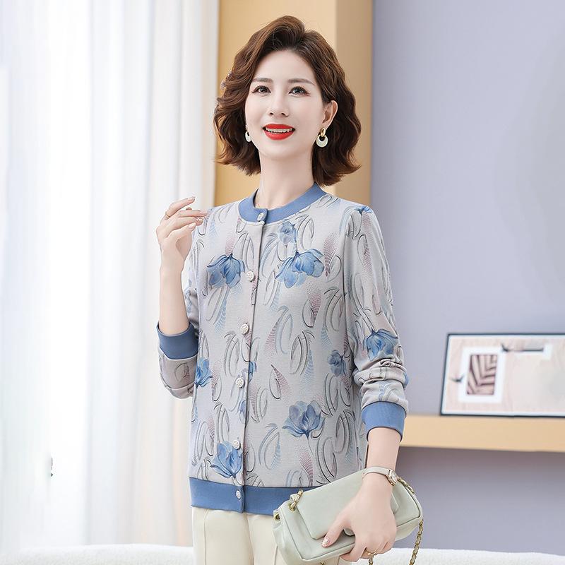 Elegant Pink Knit Spring/Summer Cardigan for Middle-Aged and Elderly Women