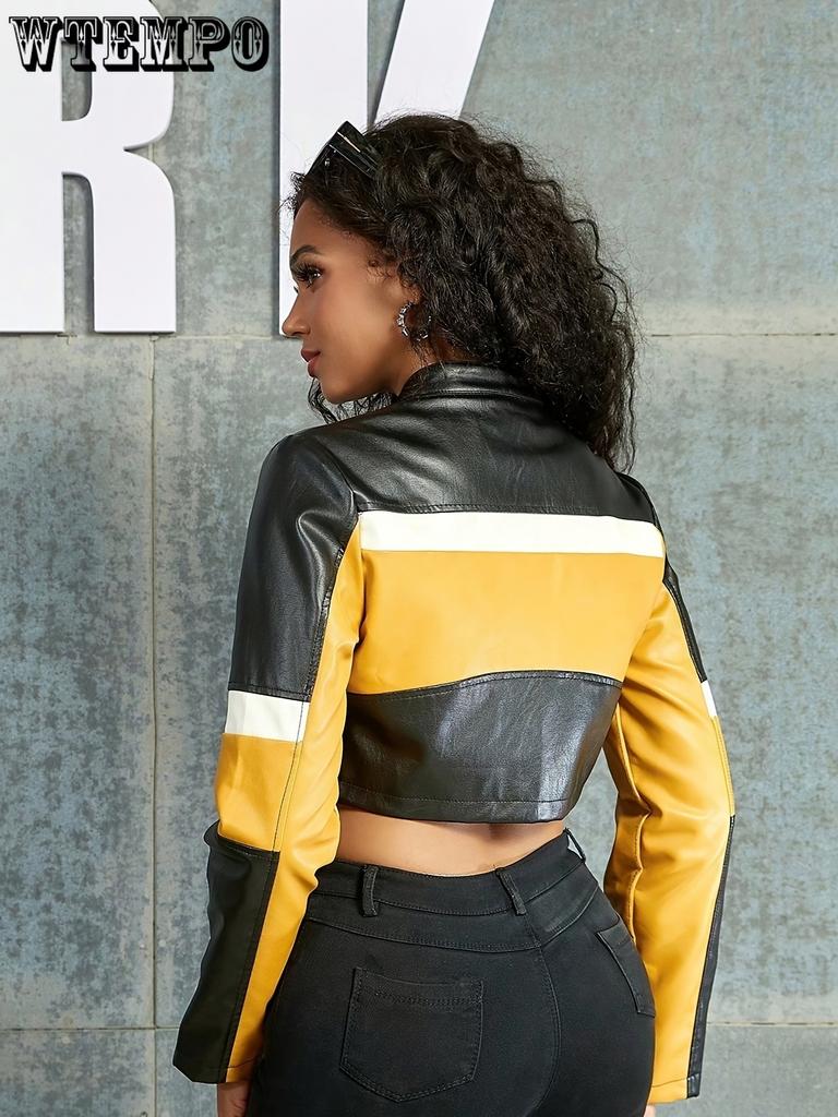 Damen-Bikerjacke mit Farbblockdesign, eleganter Stil, modische Motorradjacke für Damen im Herbst und Winter