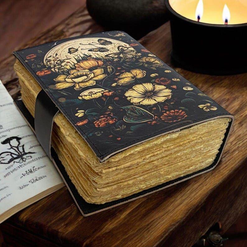 200 Page Large Grimoire Vintage Leather Journal, Tree of Life Fat Journal, Blank Spell Book of Shadows Celestial Gifts For Him Her