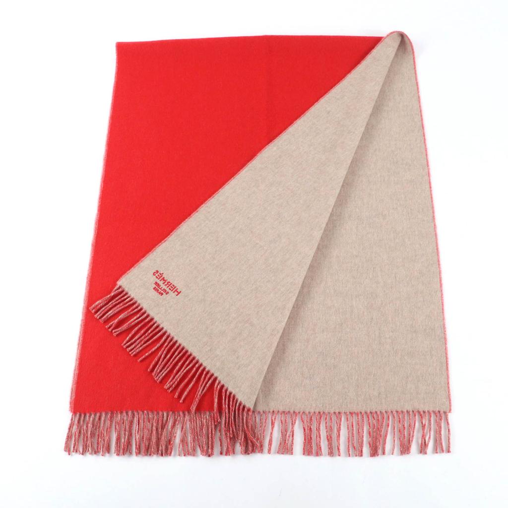 Ausgezeichneter HERMES Schal Rot beige Kaschmir Damen H259130S Gebraucht