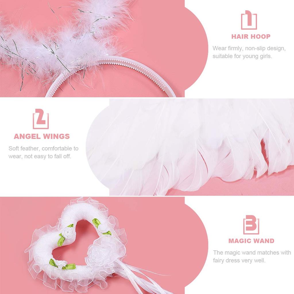 CALLARON Angel Wings Cosplay Lovely Costume Cute Angel Hair Angel Photo Stage Shoot Set, White, Ring, Accessory, Set, Prop,