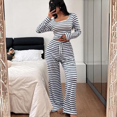 Women's Two-piece Set with A Square Trendy Striped Design Comfortable Casual Pajama New Striped Long-sleeved Wide-leg Pants