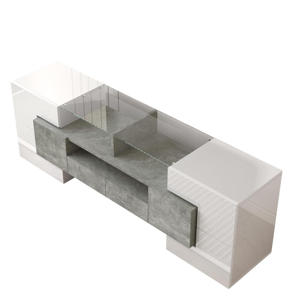 TV Cabinet, High-gloss Lowboard with Multi-colored LED Lighting, 6 Doors, 2 Drawers