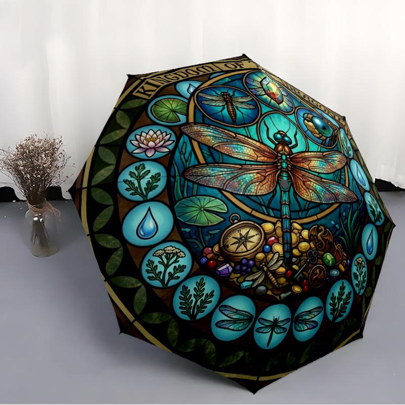 Dragonfly Kingdom Glass pattern umbrella, portable and foldable design, 8 ribs, a casual accessory for Halloween, Christmas, and birthday gifts.