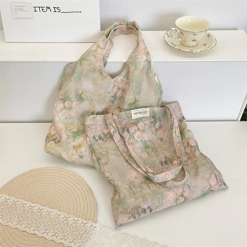 Retro Large Capacity Rose Flower Pattern Tote Bag Travel Portable Organizer Storage Bag Women Girls Sweet Shoulder Bag Gift