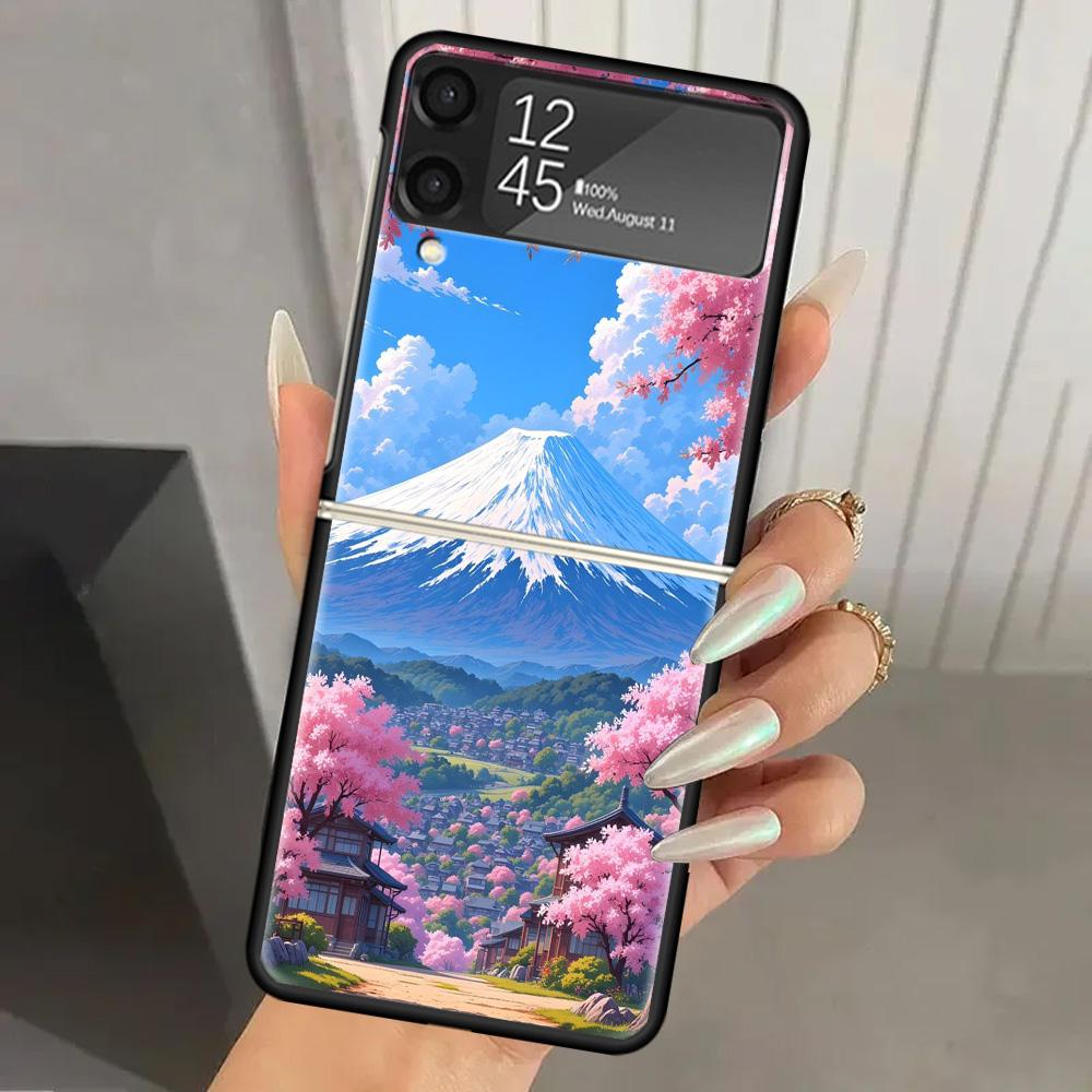 Japanese Cherry Mount Fuji Hard PC Phone Case For Samsung Galaxy Z Flip 7 6 5 4 3 Black ZFlip7 ZFlip6 Flip5 Flip4 Flip3 5G Print