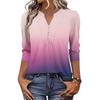 Modisches lässiges Damen-T-Shirt-Top mit Farbblock-Gradienten-Print, V-Ausschnitt, Knopfleiste und Dreiviertelärmeln