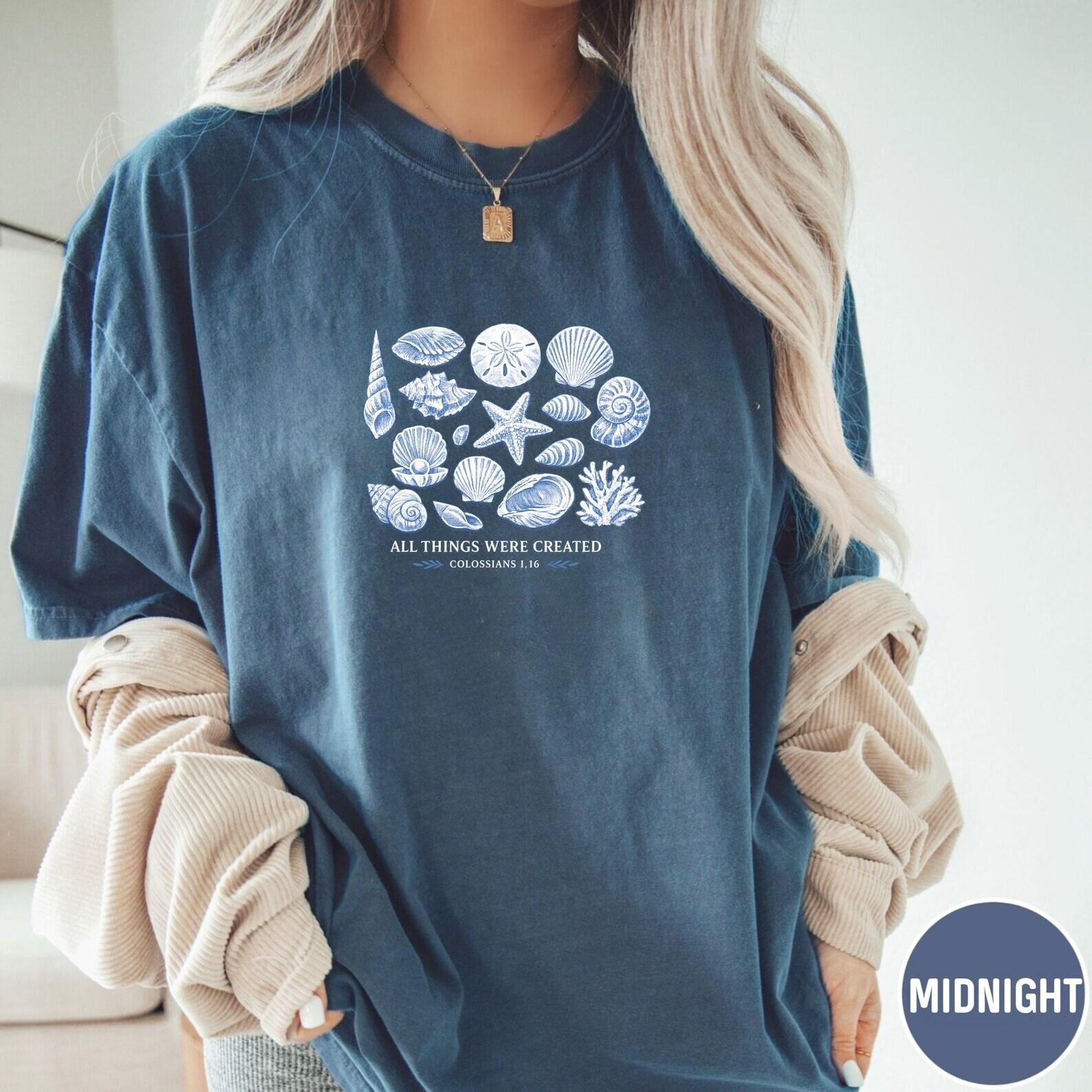 Seashell Bible Verse Shirt, Ocean Life Coastal Aesthetic, Women Faith Apparel, Baptism Teen Girl Gift Comfort Colors Oversized Beach Tee S