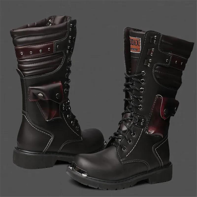 Fashion Size 37 46 Men's Leather Motorcycle Boots Mid-calf Military Combat Boots Gothic Belt Punk Boots Men Shoes Tactical Army Boot