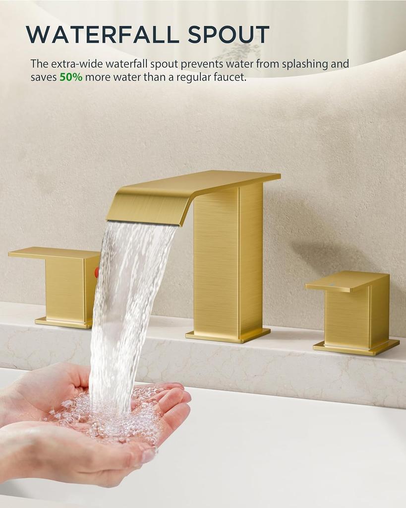 Bathroom Waterfall 3 Holes Basin Faucet, 2 Handles Cold Hot Water Mixers Sink Taps Black Chrome Brushed Gold