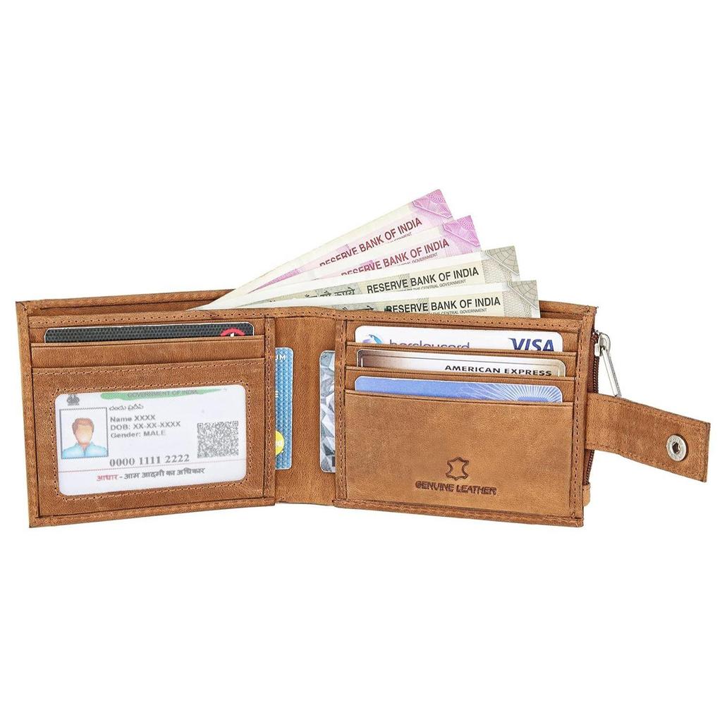 Leather Wallet for Men Ultra Strong Stitching Handcrafted Zip Wallet with 9 Card Slots  2 ID Slots (Tan Hunter
