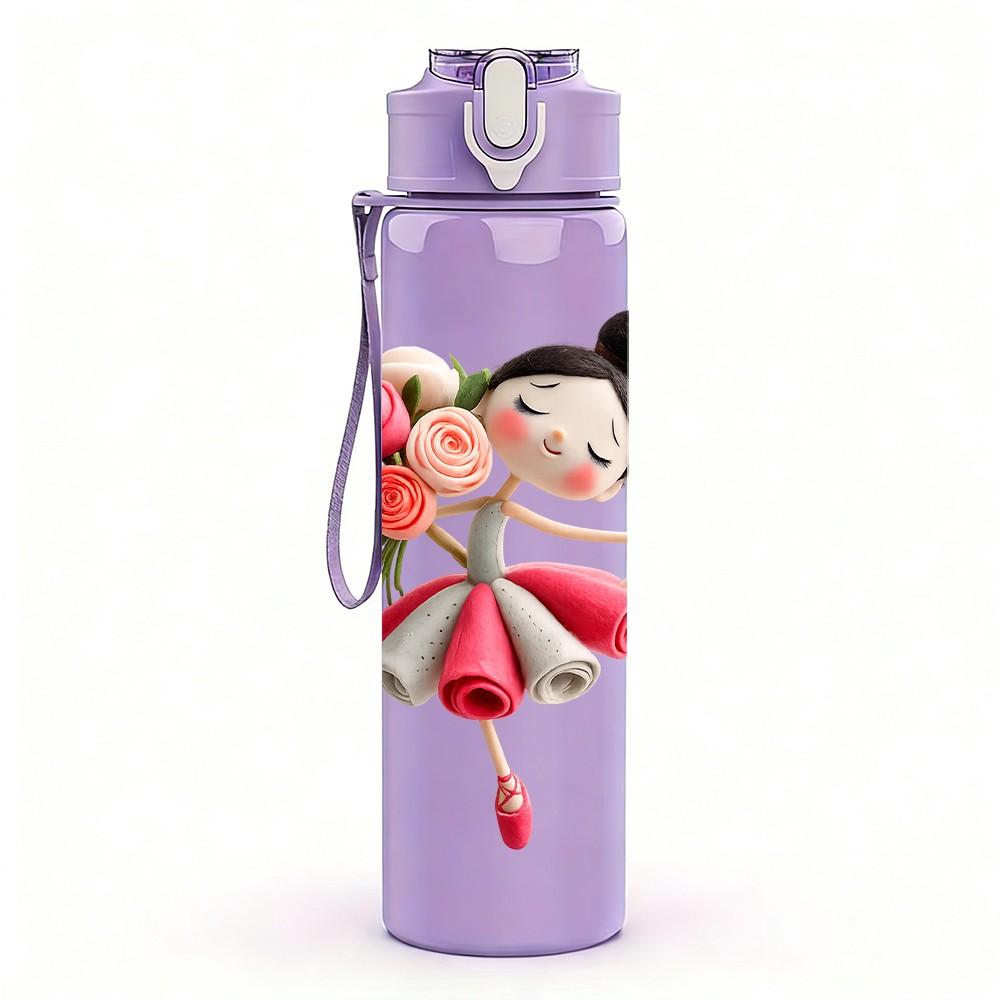 1PC Little Girl Ballet Dance Cartoon Print 750ml Color Plastic Sports Water Bottle Leakproof Flip Straw Lid Suitable for Sports Office Home Use