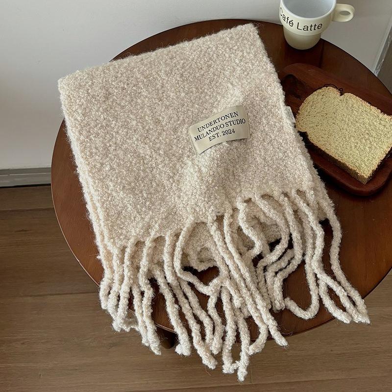 

New Korean Style Solid Color High End Warm Cycling Scarf Winter Thickened Cold Proof Red Wool Tassel Scarf for Women