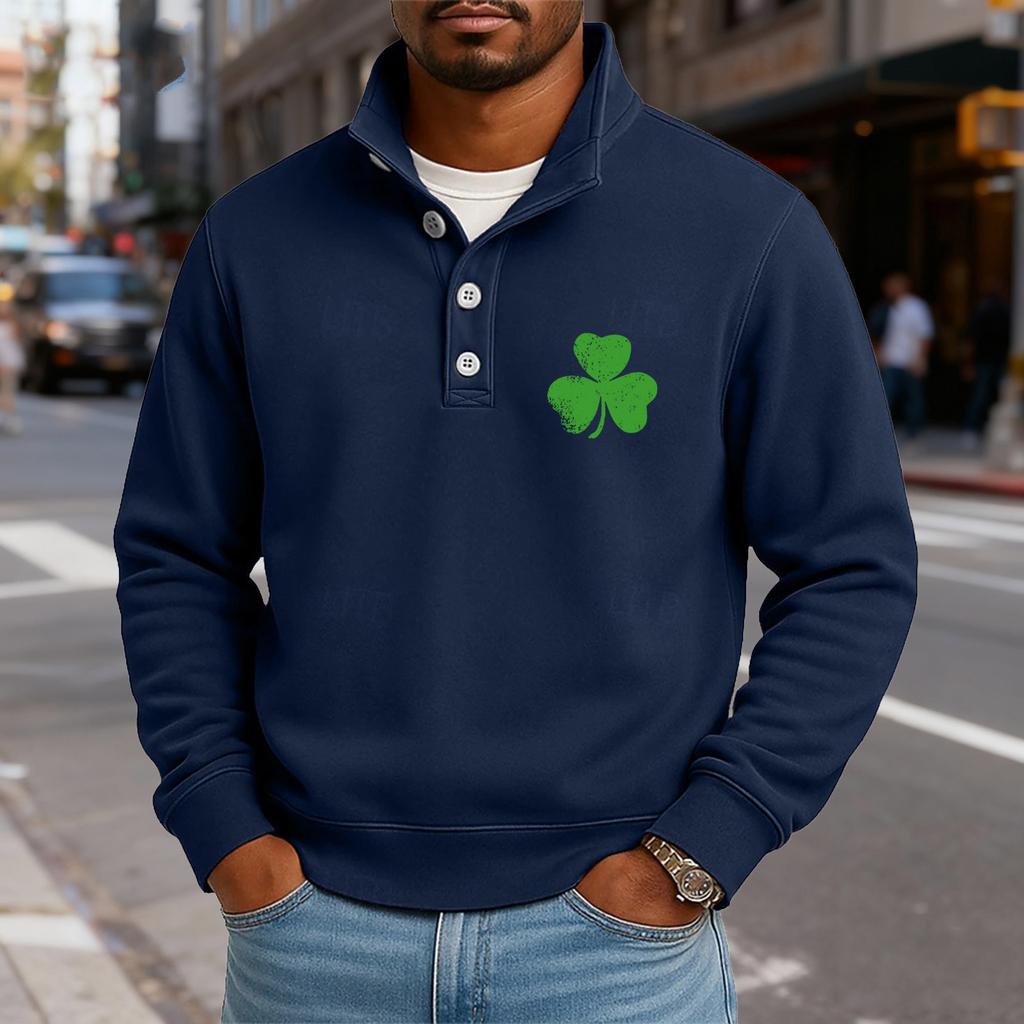 Men's Casual Stand-Up Collar Long-Sleeve Top Print Button-Down Sweatshirt