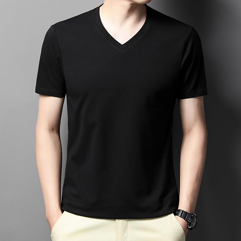 2025 Летняя мужская футболка Чистый цвет V-образный вырез с коротким рукавом Топы Футболки Мужские футболки Черные футболки Фитнес Мужские футболки больших размеров L чёрный