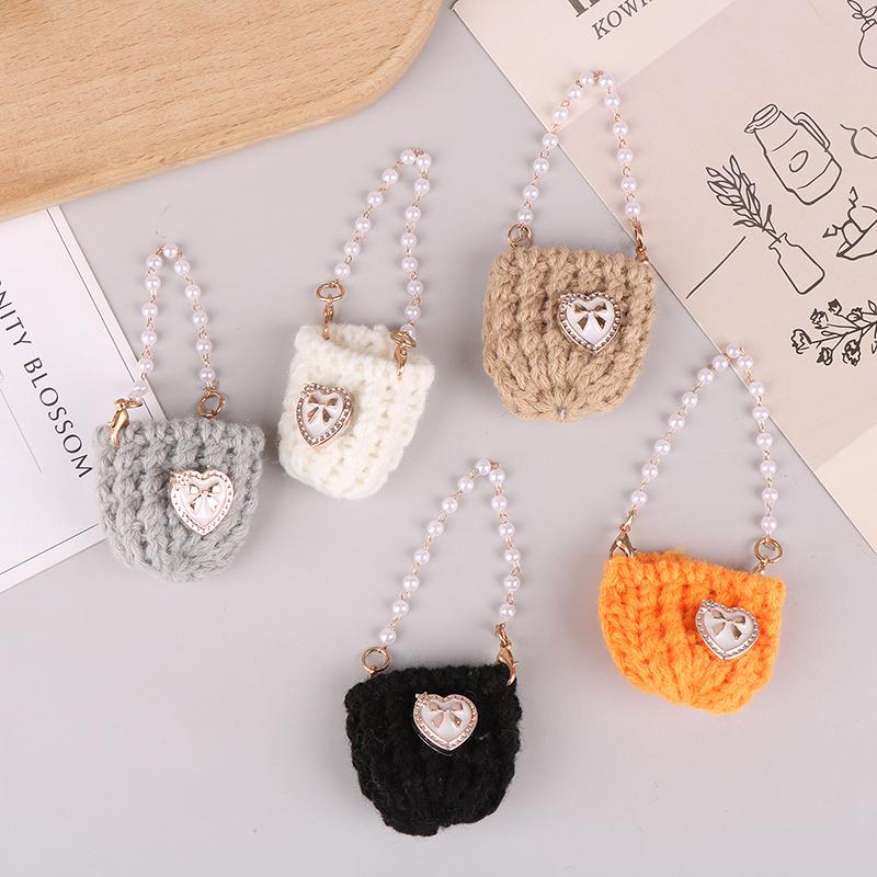 1/12 Doll Mini Knitted Shoulder Bag Pearl Chain Crossbody Bag Doll Dress Up Accessories For Dollhouse Decoration