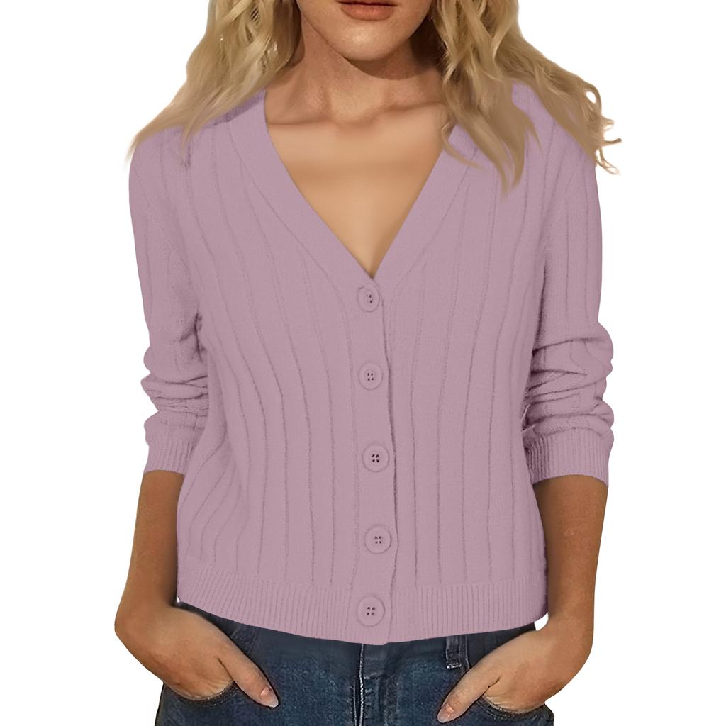 Women's Fashion Long-Sleeve V-Neck Lightweight Knit Sweater Solid Color Outerwear Top