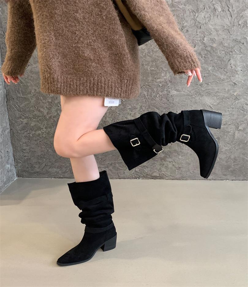 

Boots Women s Coarse Heel Boots 2025 Autumn/Winter Thighs Boots French High Heel Pleated Pile Boots 39