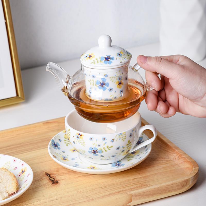 Zestaw do herbaty dla jednej osoby z motywem kwiatowym Kwiat wiśni Szklany czajniczek Porcelanowy spodek i filiżanka z pudełkiem prezentowym