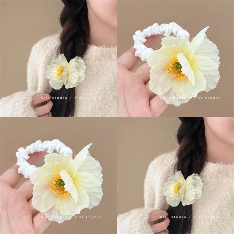 Simulated Poppy Flower Hair BandsPoppy Hair Ties Light Yellow Flower Hair Ties Female Side Braids