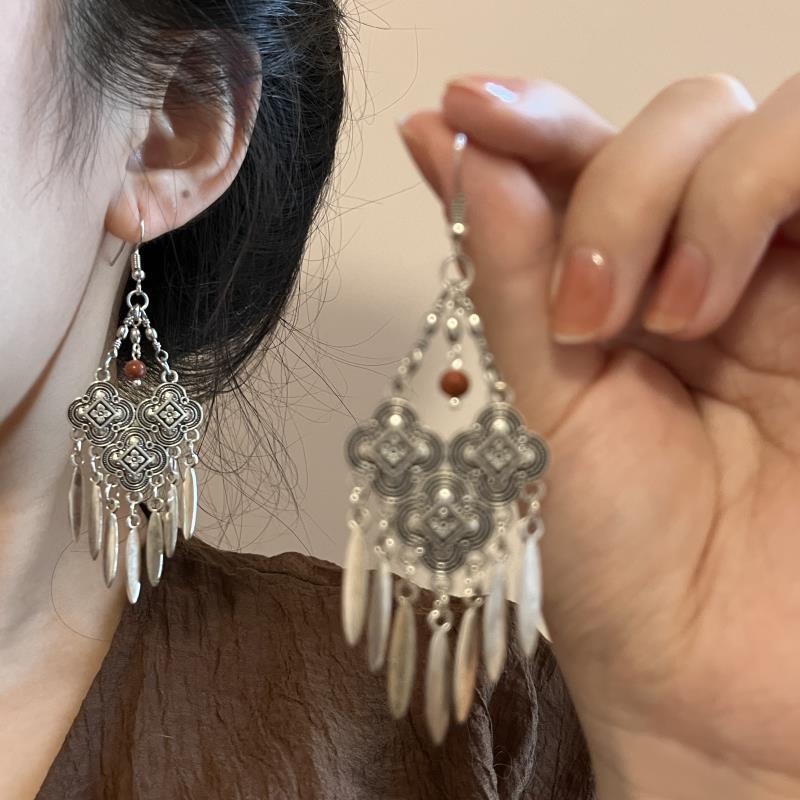 Ethnic Tibetan Tassel Earrings for Women, Miao Silver Long Dangles, Retro Exotic Style, High-Quality.
