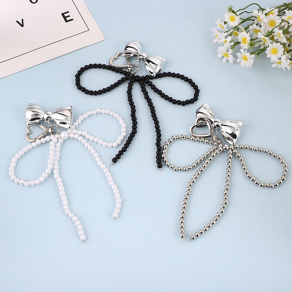 Y2K Korean Imitation Pearl Beaded Bowknot Keychain for Women Girls Bow Pendant Bag Decoration Accessories