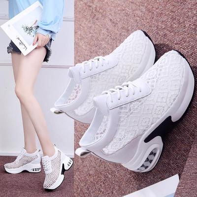 Sports Casual Shoes Women's Hollow Breathable Lace-up Round Toe Air Cushion Wedge Heel Thick-soled Net Shoes