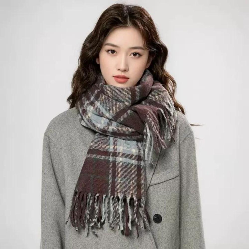 Plush Winter Cashmere Scarves Tassel Long Shawl Simple Plaid Wool Scarf Student
