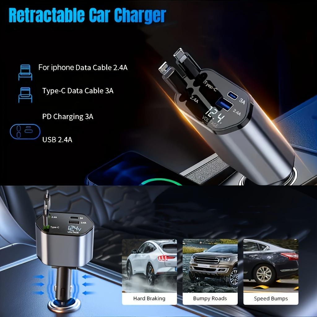 4-in-1 Einziehbarer 66W Autoladegerät mit Dual-Kabeln, USB-C- und USB-A-Anschlüssen, LED-Spannungsmonitor