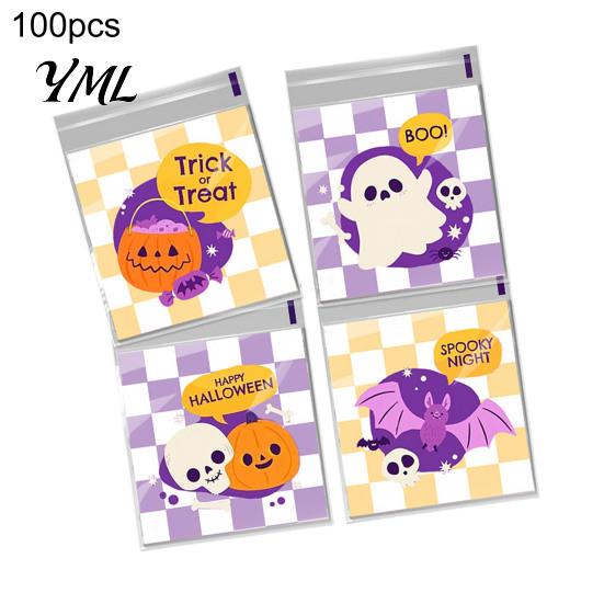 Small Plastic Bags for Treats 100 Pcs Halloween Treat Bags, Self Adhesive Seal Clear Candy Dessert Cute Cartoon Pouches Cookie Trick or Party