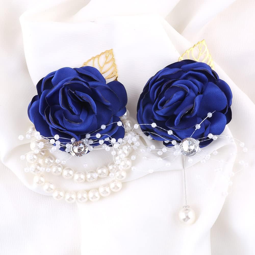 WANLIAN Blue Bridesmaid Wrist Corsage Wedding Flowers Prom Rose Corsage and Boutonniere Set for Wedding Party Prom Wedding Ceremony Anniversary Set
