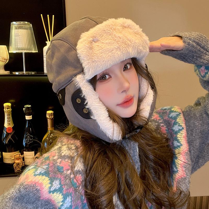 Women's Face protecting Ears and Warm Pullover Hat with Velvet Thickened Cycling Skiing and Cold Proof Lei Feng Hat