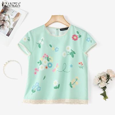 Women Casual Round Neck Floral Print Short Sleeve Blouse