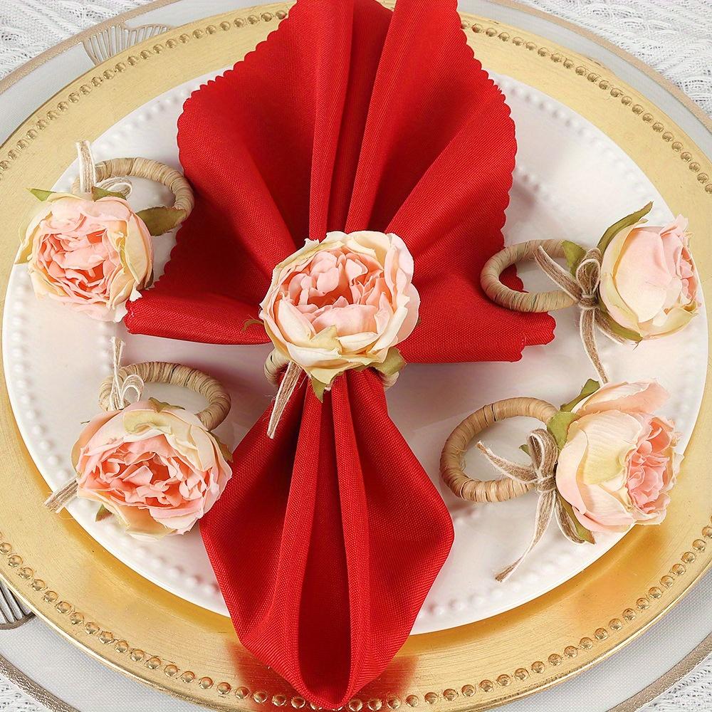 4KS Elegantní růžové pivoňkové kroužky na ubrousky - Ručně vyráběné z juty a provázku, Ideální na svatby, obědy, pikniky, bankety, Vánoce