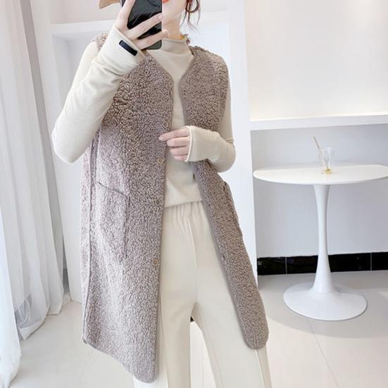 Women's  Autumn Winter Vest Coat Round Neck Loose Mid-length Sleeveless Single-breasted Pockets Cardigan Warm Thick Outerwear Vest