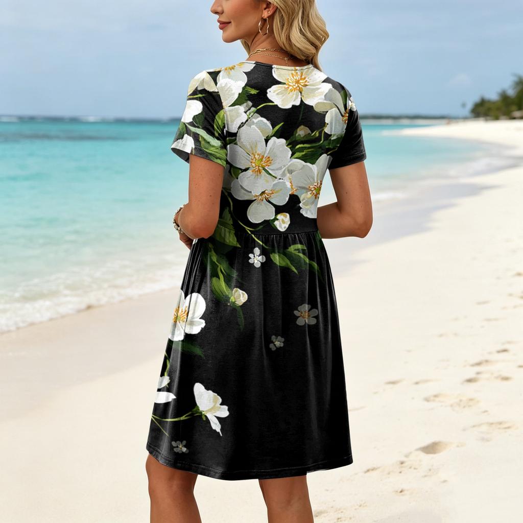 Women's Short Sleeve Casual Dress Floral Print Round Neck Waist Tie with Pockets Relaxed Fit Summer Dress